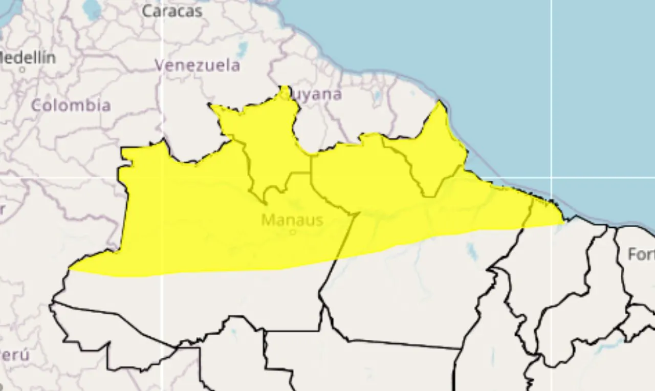 o mapa mostra as &aacute;reas em alerta para chuva intensa na regi&atilde;o Norte e MA